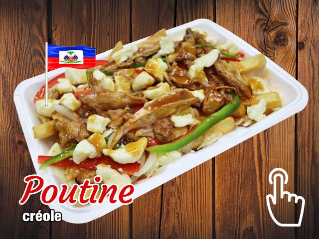 Poutine créole garnie de viande, fromage et légumes